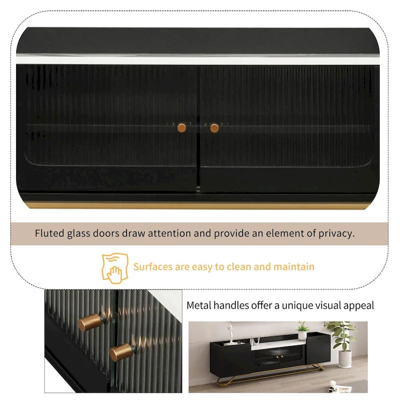 TV-Board mit geriffeltem Glas, Entertainment-Center für Fernseher bis 70 Zoll, TV-Konsole mit Kunstmarmorplatte und goldenem Gestell