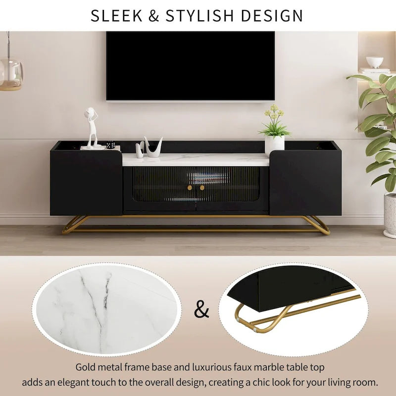 TV-Board mit geriffeltem Glas, Entertainment-Center für Fernseher bis 70 Zoll, TV-Konsole mit Kunstmarmorplatte und goldenem Gestell