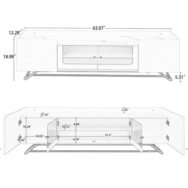 TV-Board mit geriffeltem Glas, Entertainment-Center für Fernseher bis 70 Zoll, TV-Konsole mit Kunstmarmorplatte und goldenem Gestell