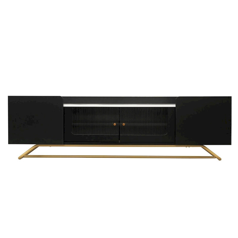 TV-Board mit geriffeltem Glas, Entertainment-Center für Fernseher bis 70 Zoll, TV-Konsole mit Kunstmarmorplatte und goldenem Gestell