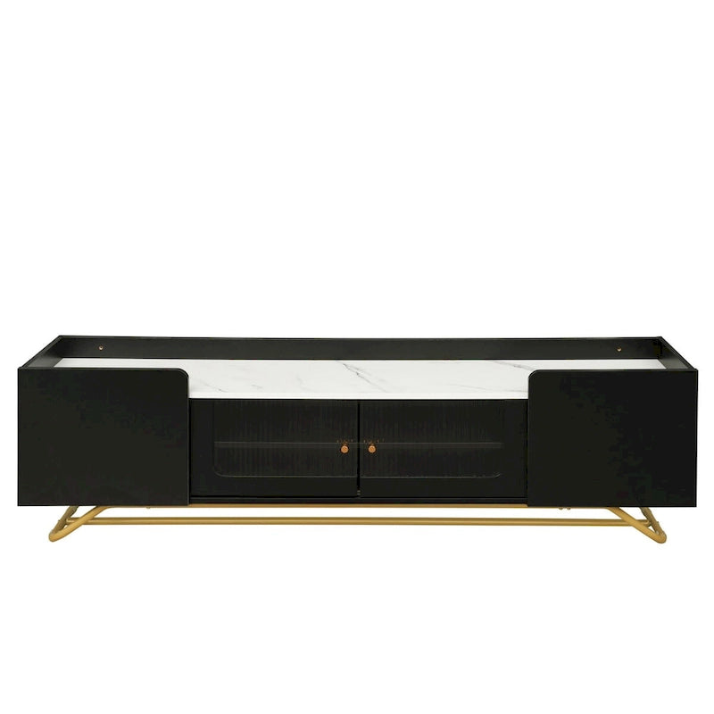 TV-Board mit geriffeltem Glas, Entertainment-Center für Fernseher bis 70 Zoll, TV-Konsole mit Kunstmarmorplatte und goldenem Gestell