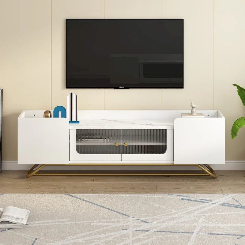 TV-Board mit geriffeltem Glas, Entertainment-Center für Fernseher bis 70 Zoll, TV-Konsole mit Kunstmarmorplatte und goldenem Gestell