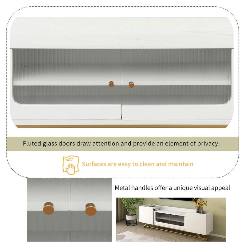 TV-Board mit geriffeltem Glas, Entertainment-Center für Fernseher bis 70 Zoll, TV-Konsole mit Kunstmarmorplatte und goldenem Gestell