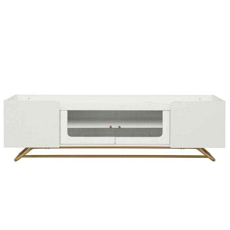 TV-Board mit geriffeltem Glas, Entertainment-Center für Fernseher bis 70 Zoll, TV-Konsole mit Kunstmarmorplatte und goldenem Gestell