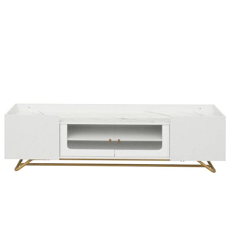 TV-Board mit geriffeltem Glas, Entertainment-Center für Fernseher bis 70 Zoll, TV-Konsole mit Kunstmarmorplatte und goldenem Gestell