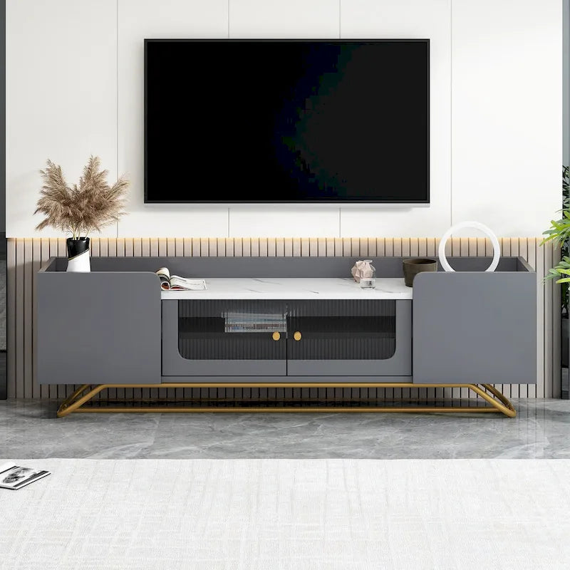 TV-Board mit geriffeltem Glas, Entertainment-Center für Fernseher bis 70 Zoll, TV-Konsole mit Kunstmarmorplatte und goldenem Gestell
