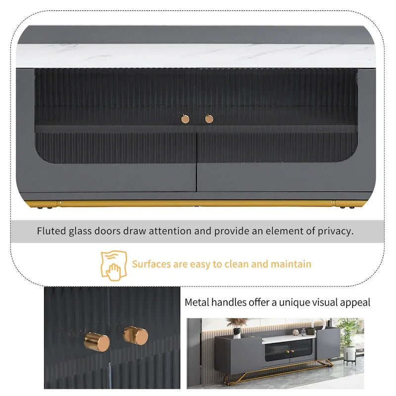 TV-Board mit geriffeltem Glas, Entertainment-Center für Fernseher bis 70 Zoll, TV-Konsole mit Kunstmarmorplatte und goldenem Gestell