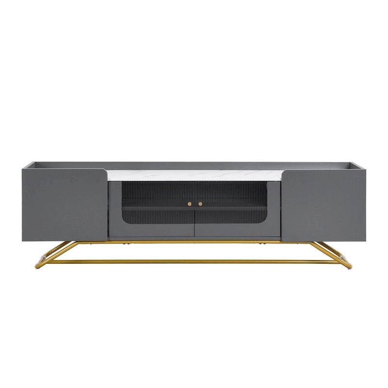TV-Board mit geriffeltem Glas, Entertainment-Center für Fernseher bis 70 Zoll, TV-Konsole mit Kunstmarmorplatte und goldenem Gestell