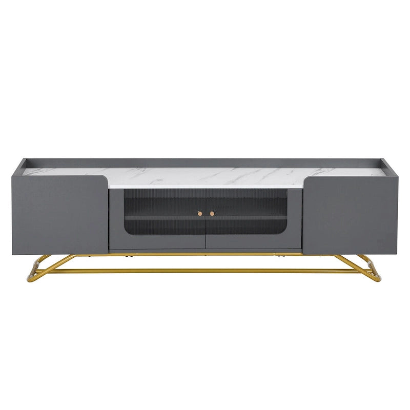 TV-Board mit geriffeltem Glas, Entertainment-Center für Fernseher bis 70 Zoll, TV-Konsole mit Kunstmarmorplatte und goldenem Gestell