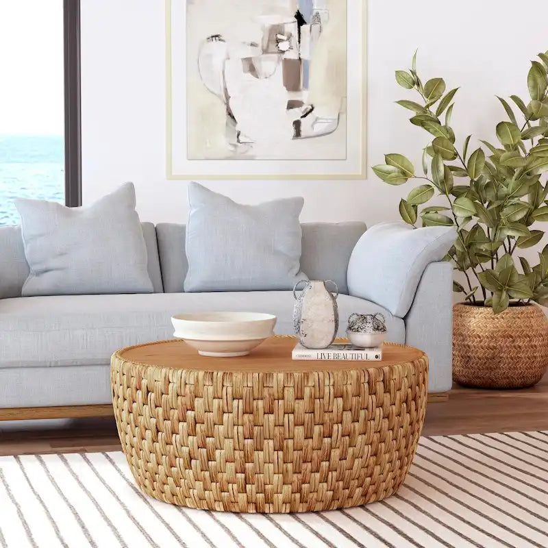 Runder Couchtisch aus Rattan in Trommelform