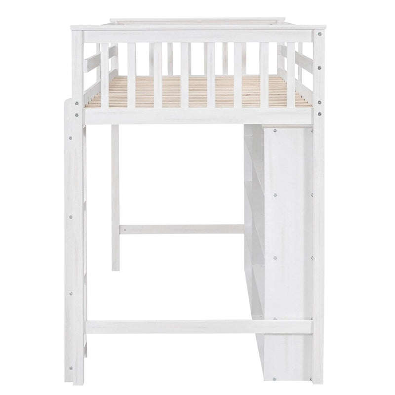 Twin Size Wood Loft Bed w/ 8 Open Storage Shelves and Built-in Ladder