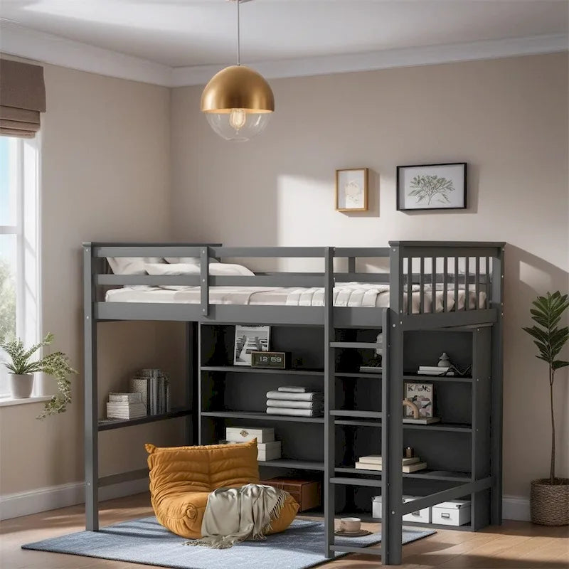 Letto a soppalco singolo in legno con 8 ripiani a giorno e scala integrata